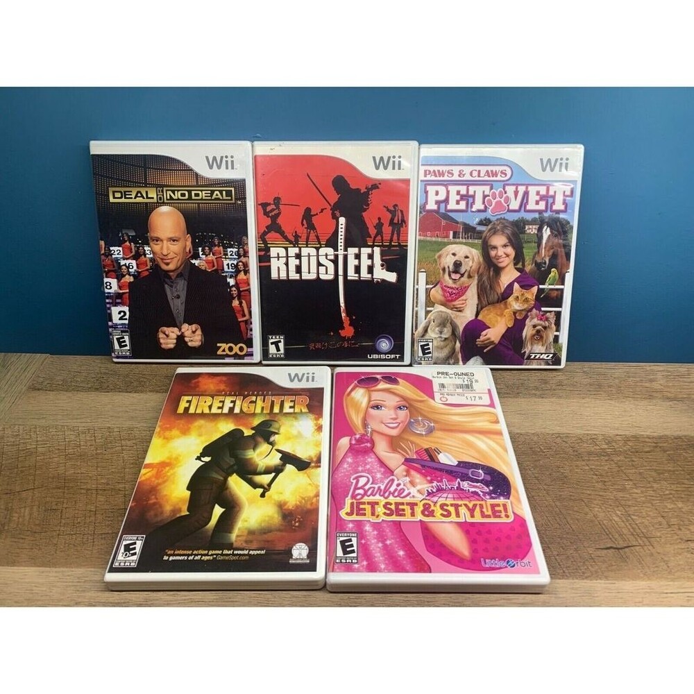 NINTENDO WII LOT of 5 GAMES BARBIE JET & PET VET & REDSTEEL & FIREFIGHTER & DEAL